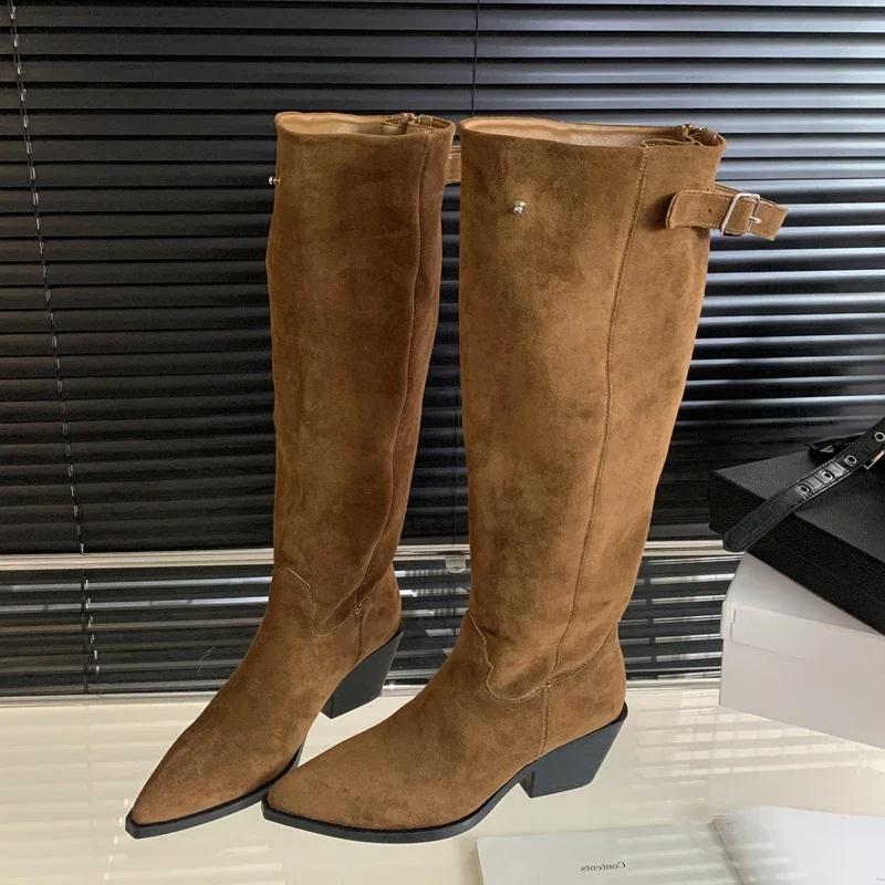 Winter Belt Buckle Pointed Toe Women Knee-High Boots Fashion Vintage Square Low Heels Ladies Shoes