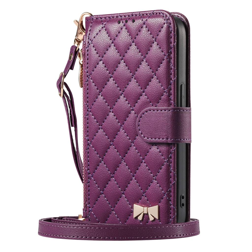 For iPhone 17 16 15 14 13 12 Pro Max Crossbody Wallet Case Quilted Leather Zipper Card Holder Flip Cover with Lanyard Strap
