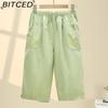 BITCED Summer Women Elastic Waist Straight Trousers Middle Age Older Women High Waist Straight Pants Washed Cotton Cropped Plus Size Pants