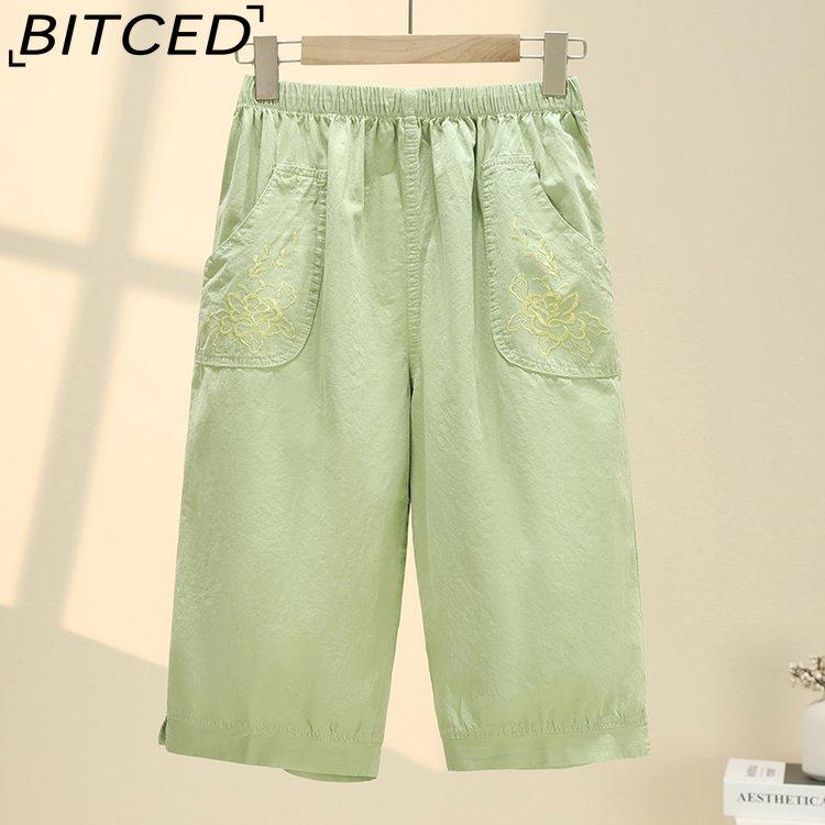 BITCED Summer Women Elastic Waist Straight Trousers Middle Age Older Women High Waist Straight Pants Washed Cotton Cropped Plus Size Pants