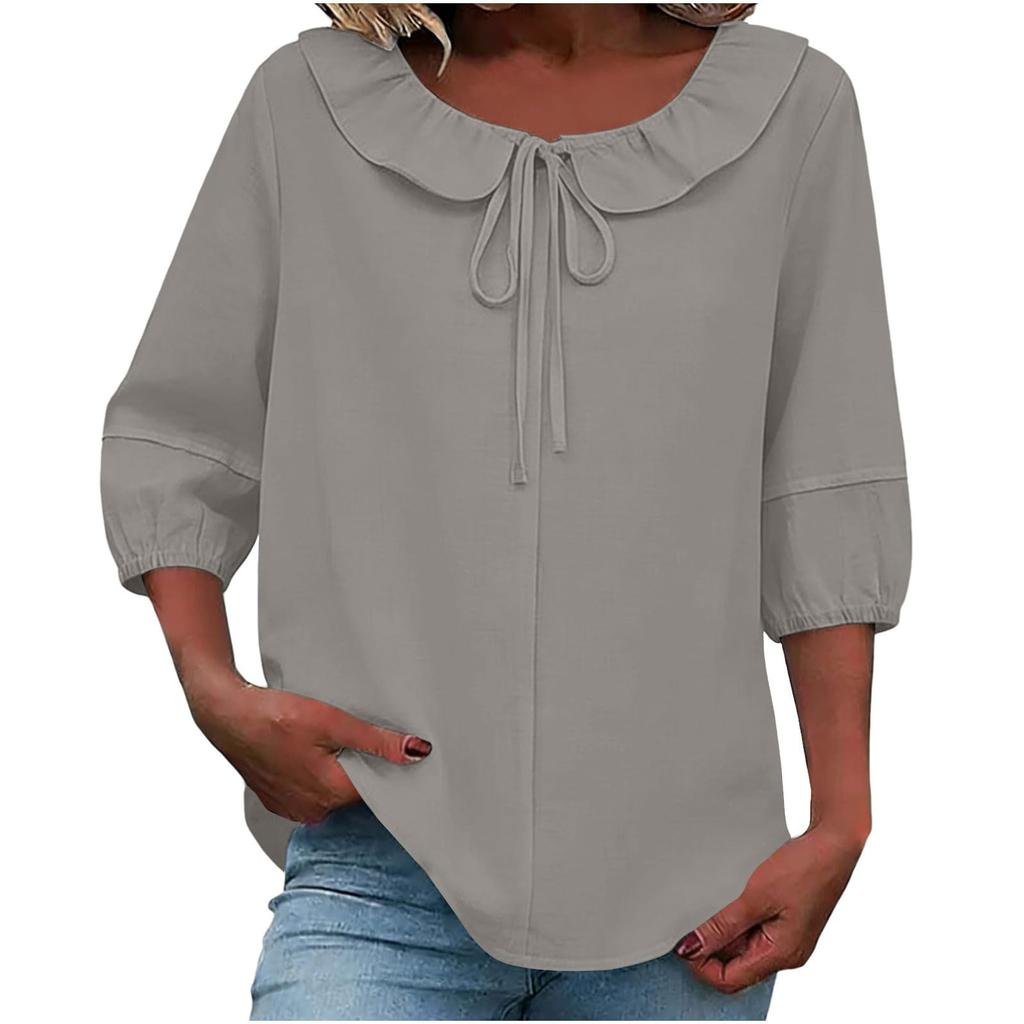 Women's Fashionable Color 3/4 Sleeve Shirt Cute Collar Summer Casual Shirt Loose Top