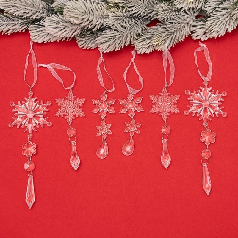 Pack of 6 Christmas Tree Hangings Snowflakes Charm Ornament Acrylic Indoor Outdoor Decoration Festival Accessories