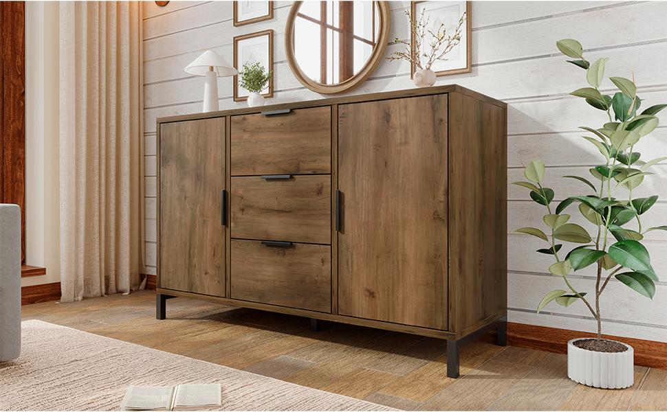 (=834647AAD) Kommode mit 2 Türen und 3 Schubladen, 120 x 40 x 76 cm in Dunkler Eiche, Verstellbarer Einlegeboden, Sideboard Highboard für Schlafzimmer & Alle Wohnräume