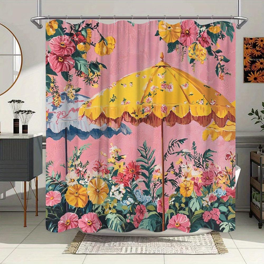 

Vibrant Floral Garden With Yellow Umbrella Waterproof Shower Curtain For Modern Bathroom Decor, Stylish, Perfect For Home Use W60H190(CM)-1 Pcs