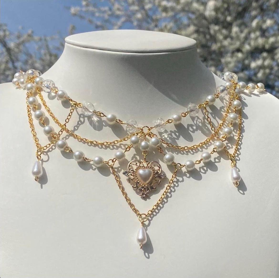 

Fashion Special-Interest Design Double-Layer Bright Imitation Pearl Tassel Heart Necklace for Women Easiest for Match