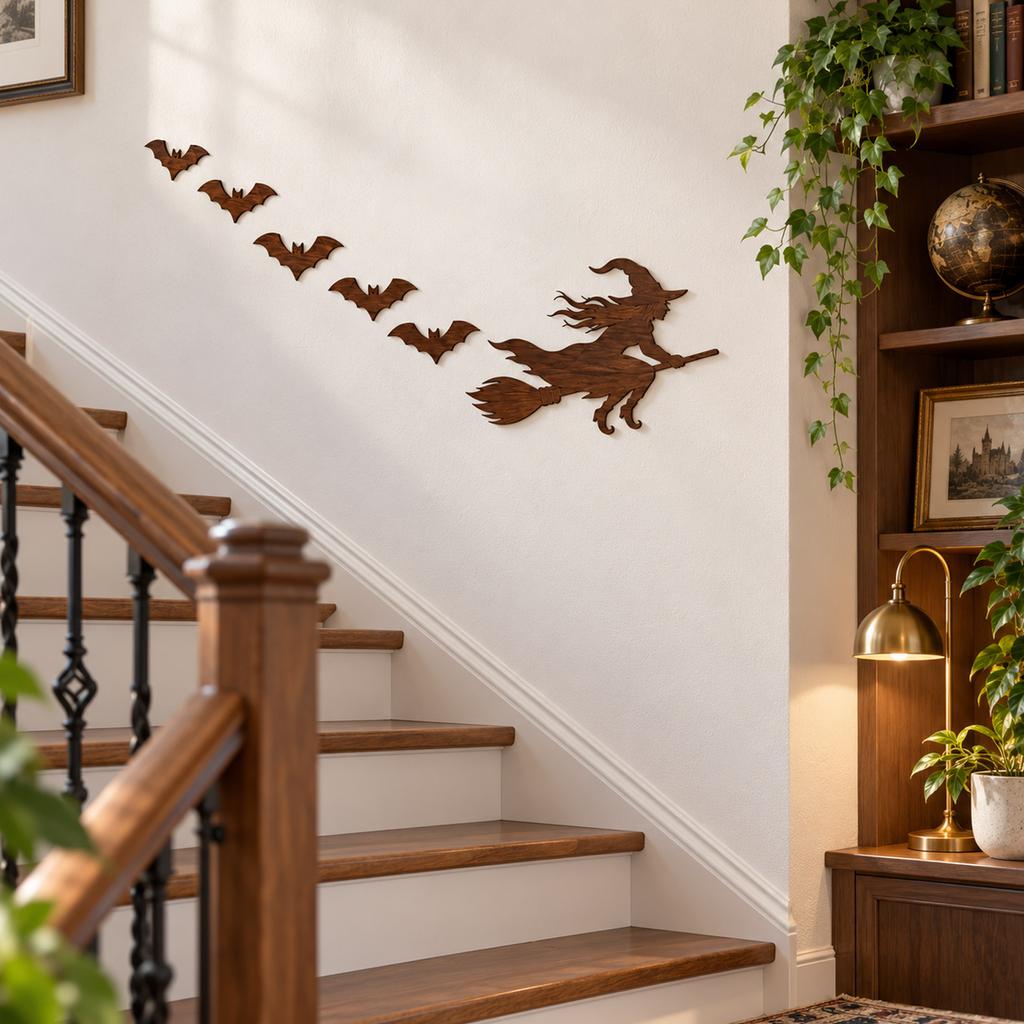 Halloween Glowing Wall Decor Set with Flying Witch and Bats, 5 for Holiday Decor