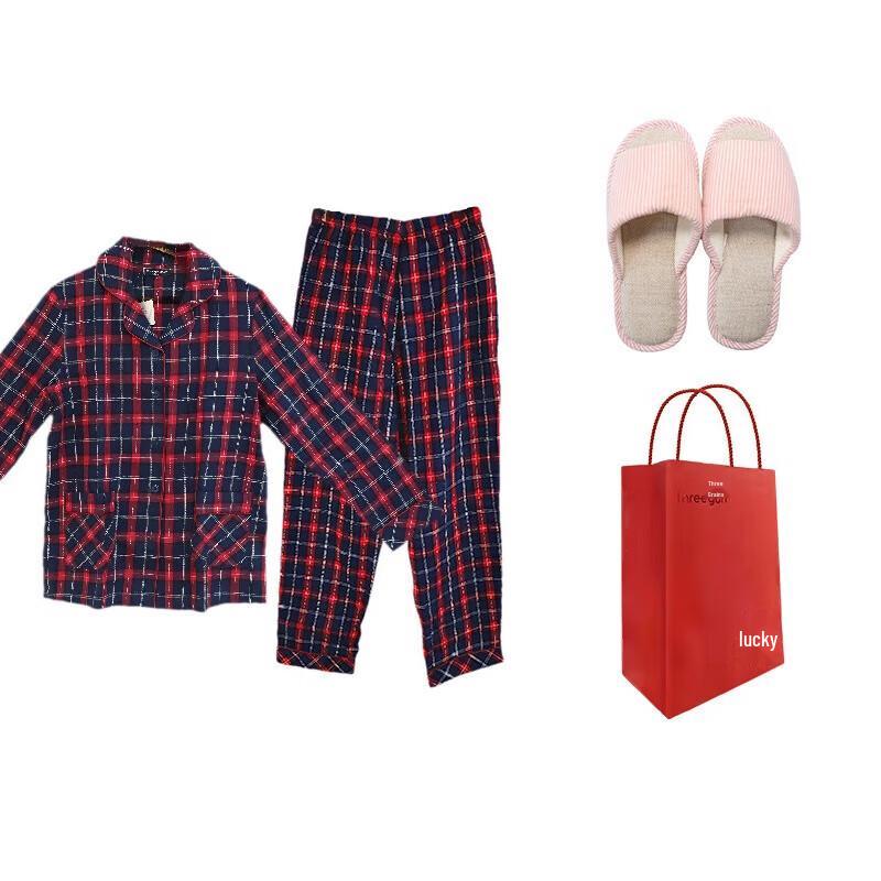 

Женский фланелевый пижамный комплект THREEGUN в клетку с лацканами и тапочками M