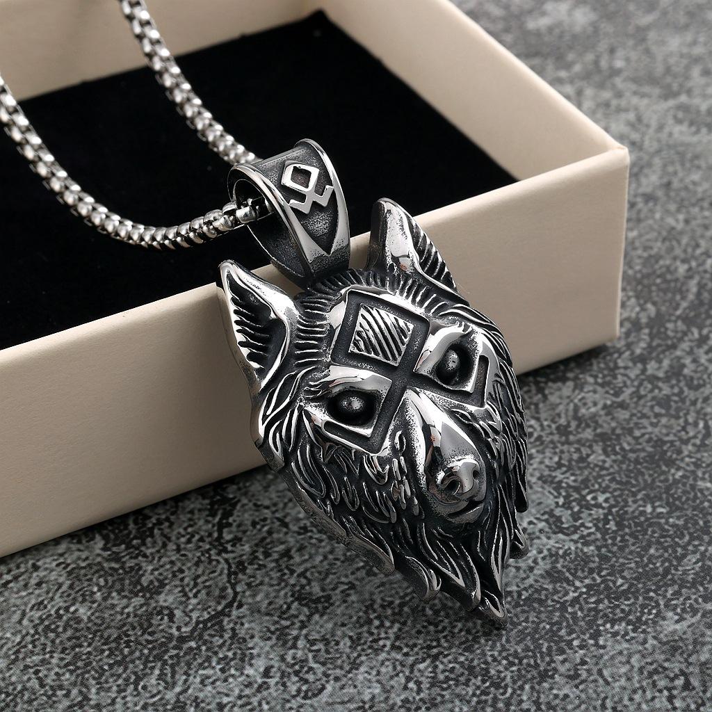 Vintage Stainless Steel Men's Pendant Single Sided Viking Wolf Head Necklace