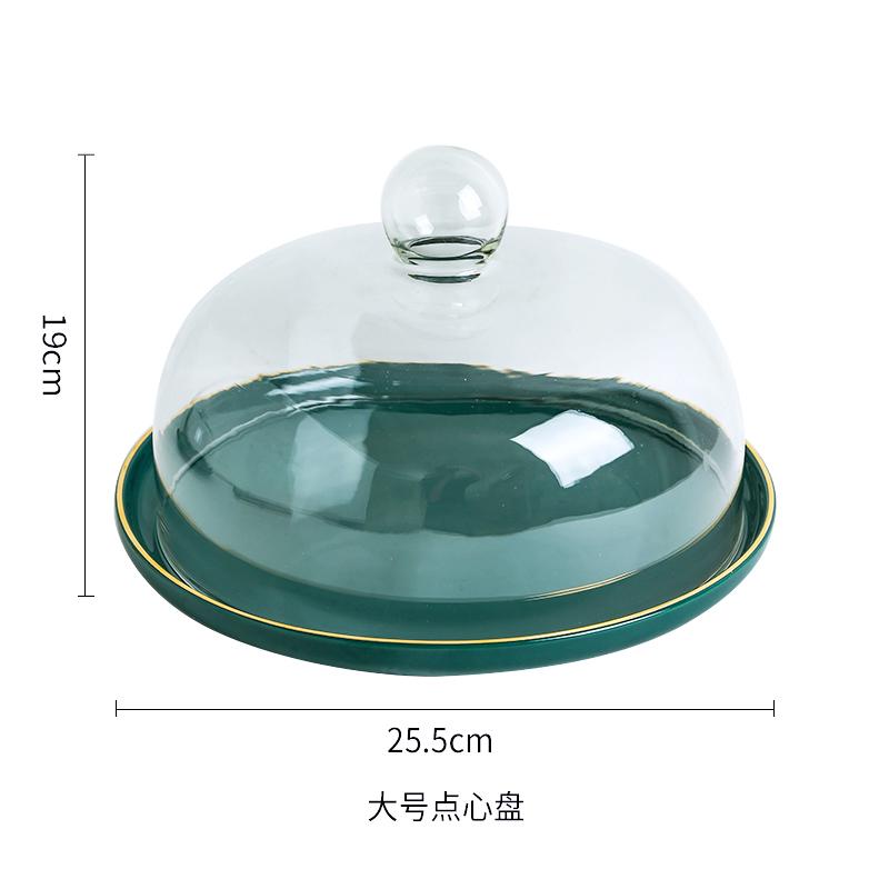 Formă de tort ceramică verde, capac de sticlă, farfurie rotundă pentru fructe, suport pentru tort, farfurie pentru gustări/desert, tavă decorativă de prezentare, capac transparent