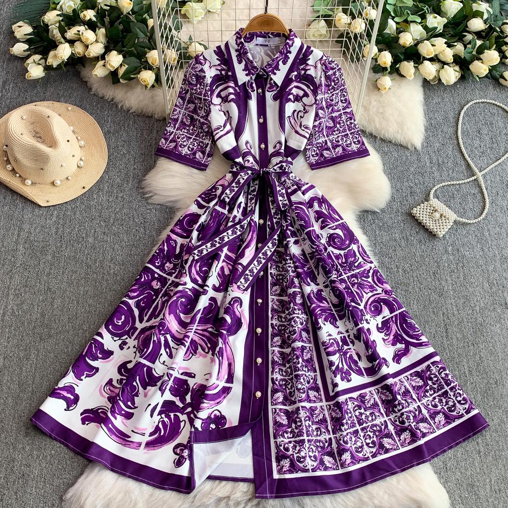 French Court Style Retro Blue and White Porcelain Printed Lapel Dress Women's Spring and Autumn Breasted Waist and Thin Big Swing Dress