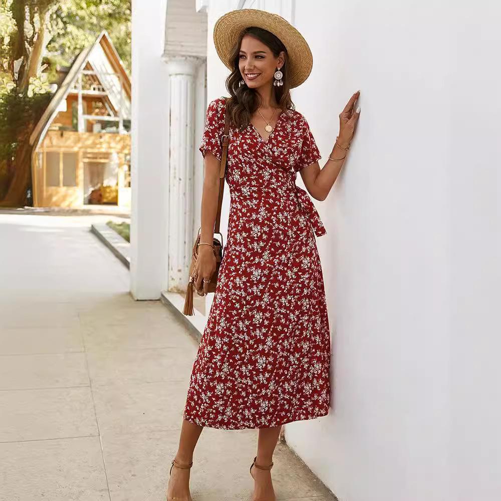 

Floral Wrap V-Neck Midi Dress with Belt, Sleeveless Summer Dress in Red, Pink, Green, and Blue S бордовый