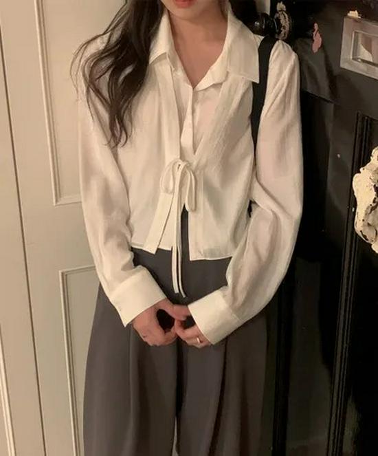 

Korean INS Blogger Style 2026 Faux Two-Piece Lace-Up Blouse for Women - Early Spring/Autumn Fashion One Size вершковий/білий