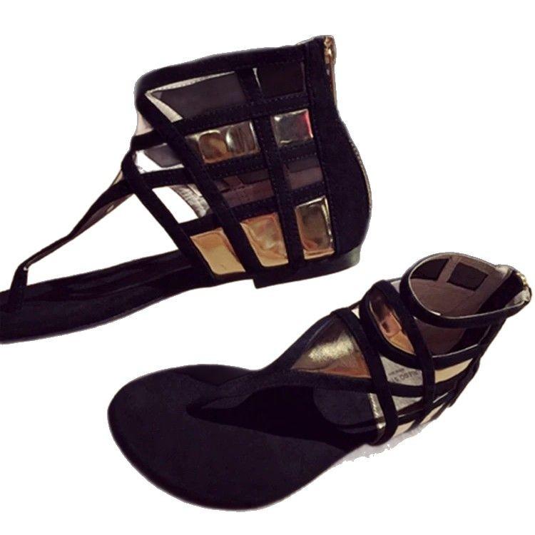 Spot large size flat bottom 35-42 size spring and summer flat bottom toe rear zipper T with sandals hollow herringbone sandals women