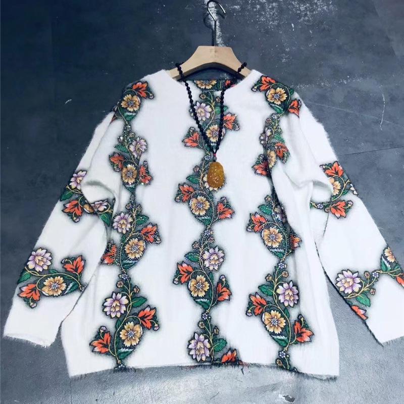 2023 Fall/Winter Rhinestone Sweater: Women's Round Neck Knit, Loose Fit, Warm Mink Fur