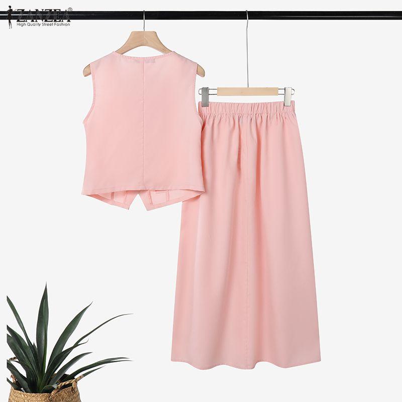 ZANZEA Women Sleeveless Vest Tops and Midi Skirts Summer Two Piece Suit Sets