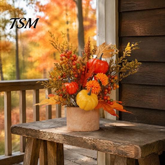 Simulation Dried Flowers Arrangement Fall Pumpkin Flower Arrangement, Artificial Maple Berry Potted Plant Autumn Theme Souvenir Gift for Thanksgiving,