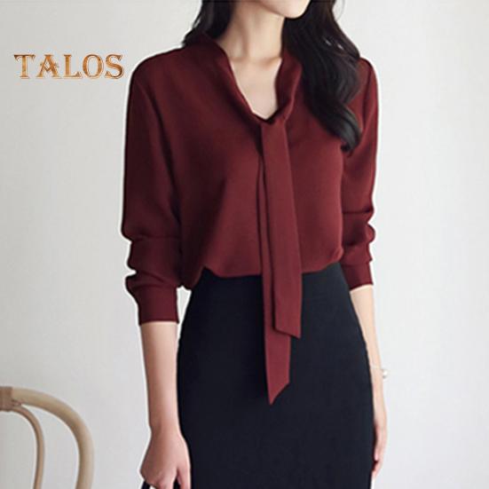 Camisa de verano para mujer, cuello en V, cuello con cordones, manga larga, jersey, tops de color liso, corte holgado, tops de oficina para mujer, ropa de trabajo
