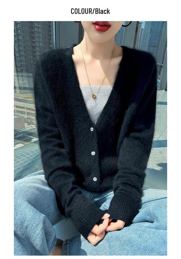 Autumn & Winter V-Neck Mink Velvet Women's Knit Cardigan - Loose, Slimming, Marled Yarn Sweater Top, Fashionable Outerwear