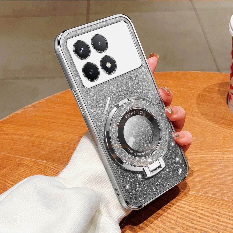 For Poco X6 Pro Magnetic Bling Ring Holder Case,Detachable Glitter Sticker Chromed TPU Case With Stand For Redmi K70E K70 Pro