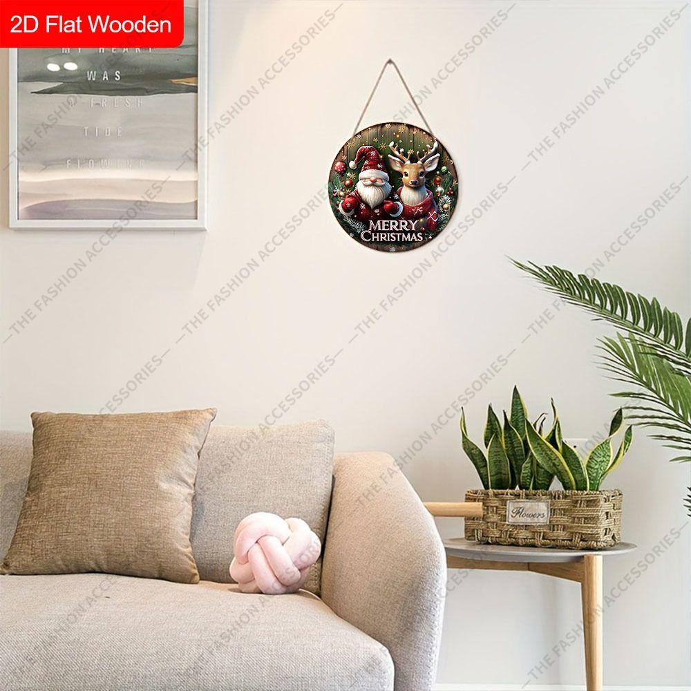 Santa Gnome Reindeer Merry Christmas Round Flat Wooden Hanging Sign