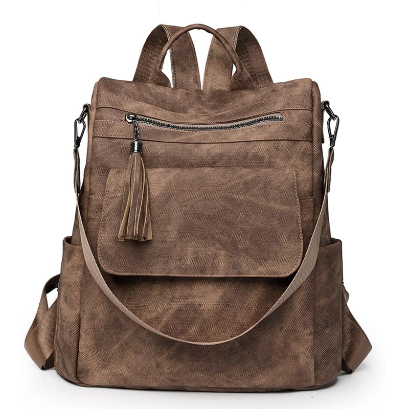 Women's Soft Leather Backpack Large Capacity Student Commuter Schoolbag Tassel Travel Backpack