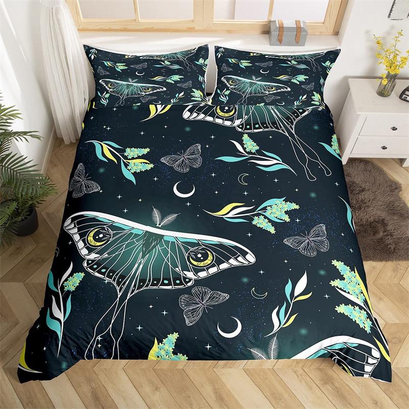 Death Moth Duvet Cover Set Queen Size Gothic Skull Boho Comforter Cover Black And White Skeleton Decorative Soft Bedding Set