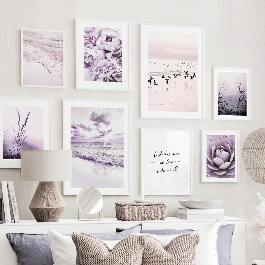 Fioletowa Plaża Morska Ptak Trzcina Róża Kaktus Sztuka Ścienna Malarstwo na Płótnie Plakaty i Wydruki Hotel Bar Obrazy Ścienne do Wystroju Salonu