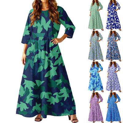 Women's Casual Fashion Floral Print Three-quarter Sleeve Long Dress With Pockets