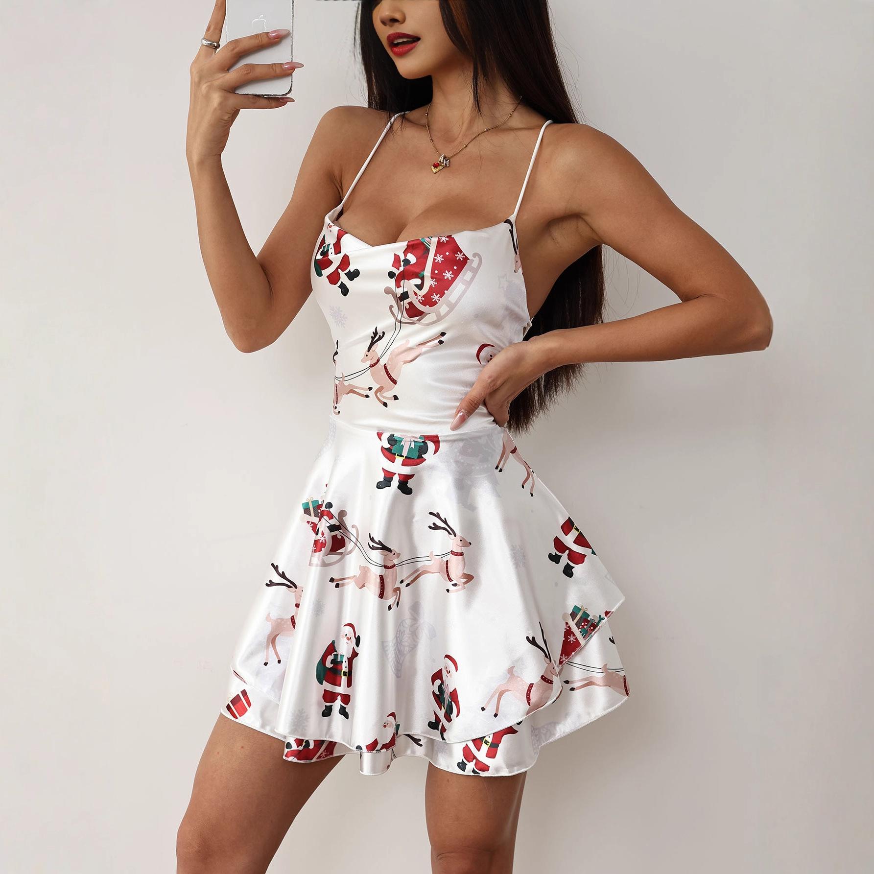 

Women Evening Party Spaghetti Strap Christmas Printed Backless Sexy Mini A Line Dress L