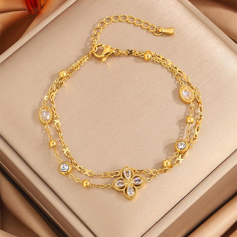Titanium steel bracelet that does not fade, light luxury four-leaf clover with diamonds, stainless steel bracelet for women, high-end double-layer