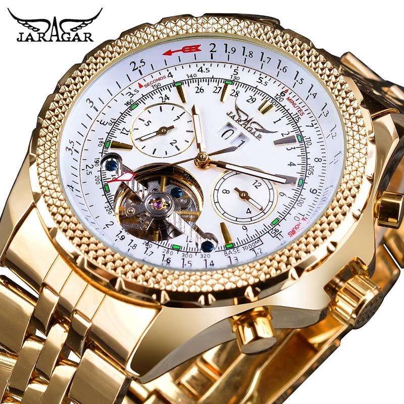 JARAGAR Flying Series Golden Bezel Scale Dial Design Stainless Steel Mens Watch Top Brand Luxury Automatic Mechanical Watch