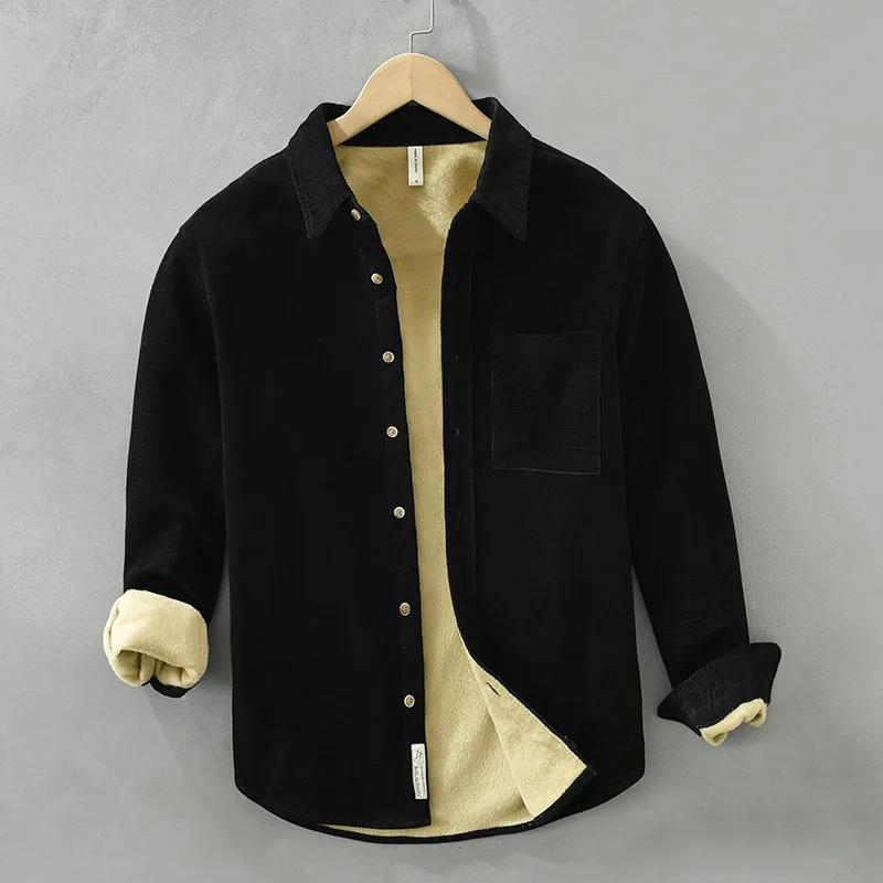 

Зимняя теплая мужская рубашка, повседневные топы из чистого хлопка, вельветовая однотонная рубашка с лацканами, флисовая рубашка, простая мужская одежда XXXL чёрный