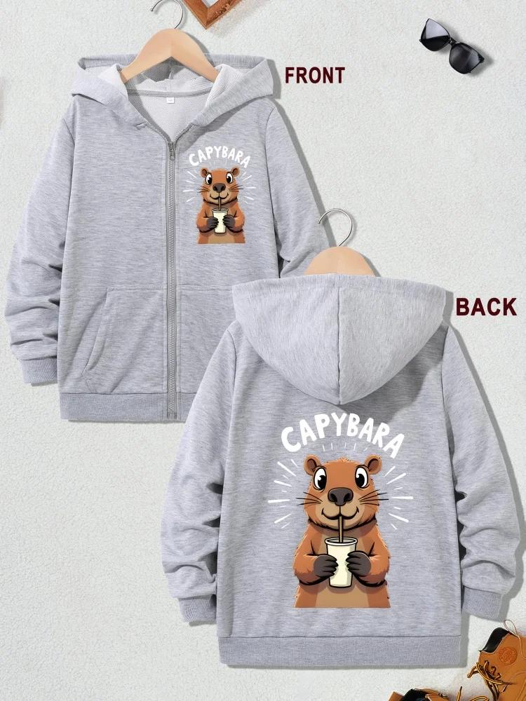 Children Full Zip Hooded Sweatshirt Cartoon Capybara And Capybara Letter Slogan Loose Daily Outerwear With Front Pocket