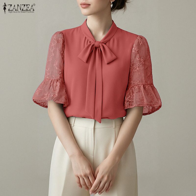 ZANZEA Damen Freizeitspitze Spleiß Halber Ärmel Lockere Bluse