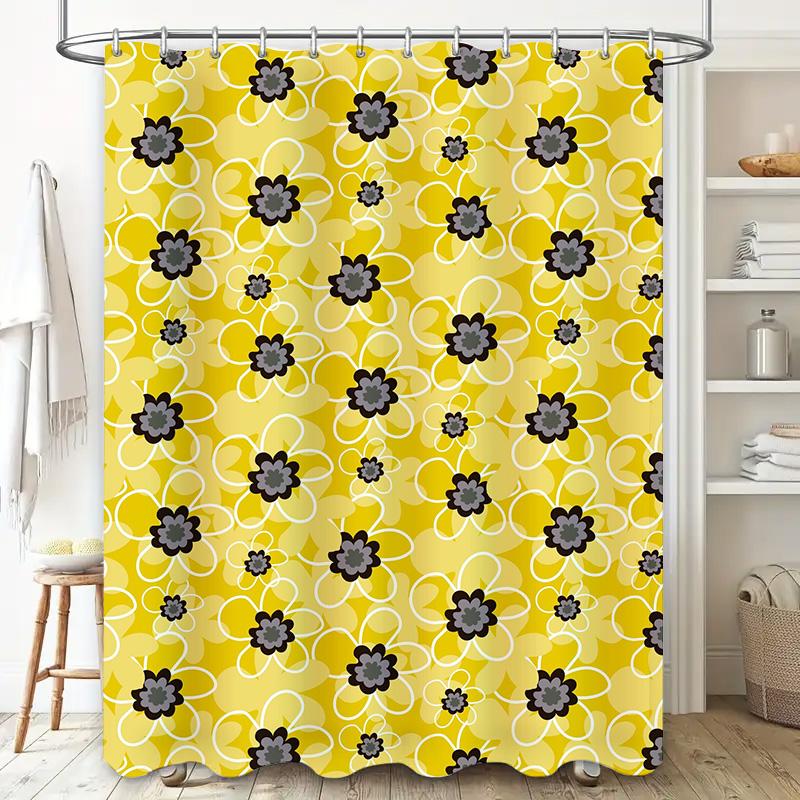 Bright Yellow Floral Print Shower Curtain Water-Resistant Fabric Decorative Bathroom Window Panel with Hooks Available in Variou