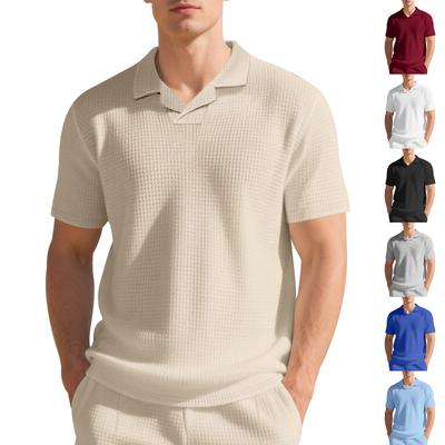 Herren V-Ausschnitt Hemden Klein kariert Revers Kurzarm Golf T-Shirts Slim Fit Farbe Gerippt Weich Bequem T-Shirts
