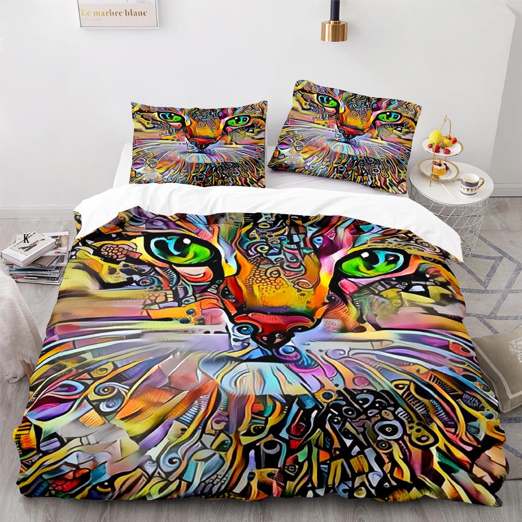 Cat Duvet Cover Set King Size Cute Cats Pattern Bedding Set Decorative Animal Polyester Comforter Cover with Pillowcases for Kid