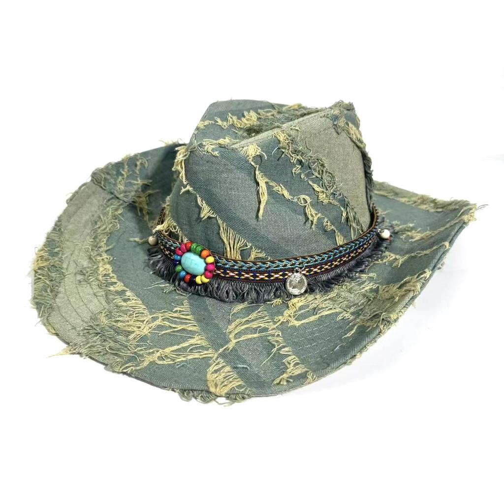 European and American Retro Blue Western Cowboy Hat Women's Spring Summer Travel Sun Protection Big Brim Sun Hat Burr Edge Knight Hat Men