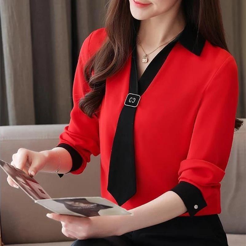 Summer Ladies Fashionable Casual Tie Decorated Long Sleeve Business Shirt