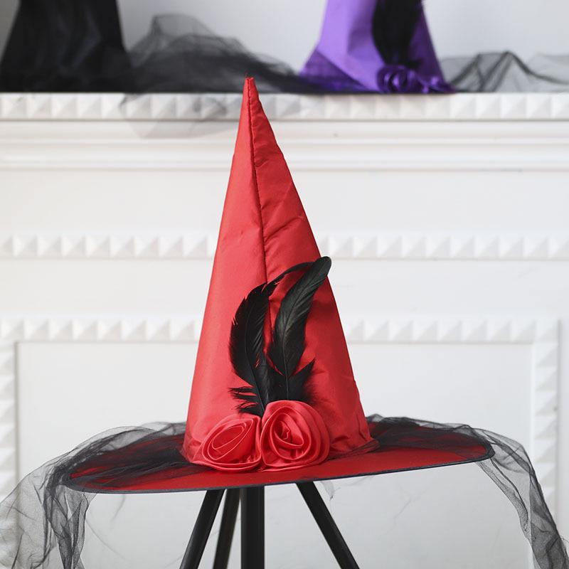 Rose Flower Mesh Witch Hat for Halloween - Kids & Adults Masquerade Party Costume One Size