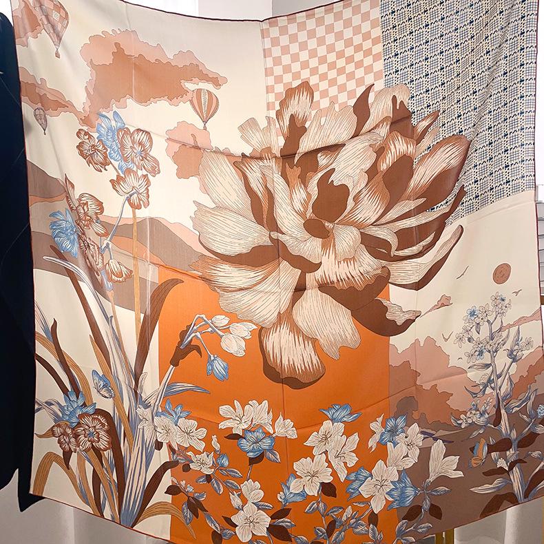 

110cm Mulberry Silk Floral Scarf - Thin Square Shawl for Women, Spring/Autumn Gift