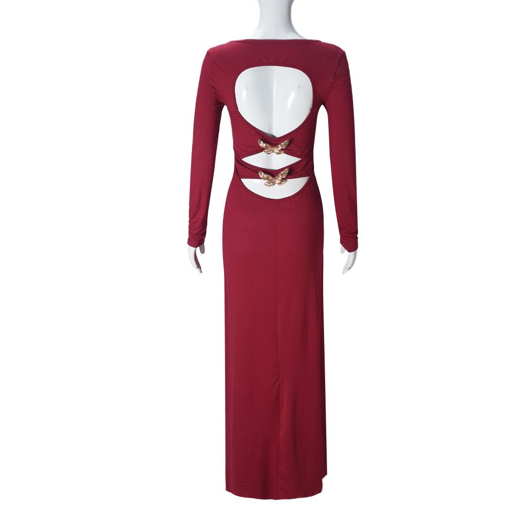 

Сексуальное облегающее платье с длинными рукавами и металлической пряжкой сзади XL бордовый