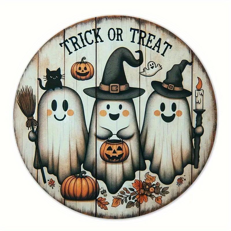 1PC 2D Drewniane Halloween Trzy Słodkie Duchy Miotły Parody Dynie 7.9 Cal/20cm Okrągły Wiszący Znak Ścienny lub Dekoracja Drzwi Ścienna Sztuka