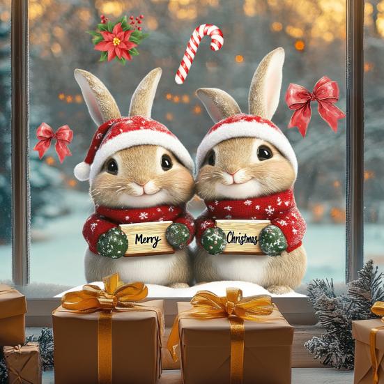Merry Christmas Rabbit Window Cling Removable Waterproof Santa Hat Couple Bunny Static Glass Sticker Holiday Party Decoration Decal