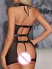 S-Xxl Halter Deep V-Neck Faux Pu Leather Mesh Hot Dress Rivet Hollow Out Backless Vestid Tights Sexy Clubwear Minifalda Sundress