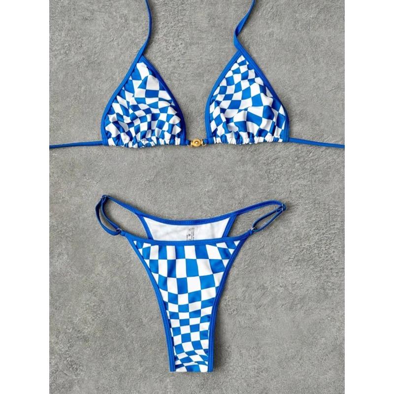 Sexy Swimsuit New Micro Bikini Women Plaid Swimwear Gold Ring High Leg Two Piece Bathing Suit Strappy Beachwear Biquini