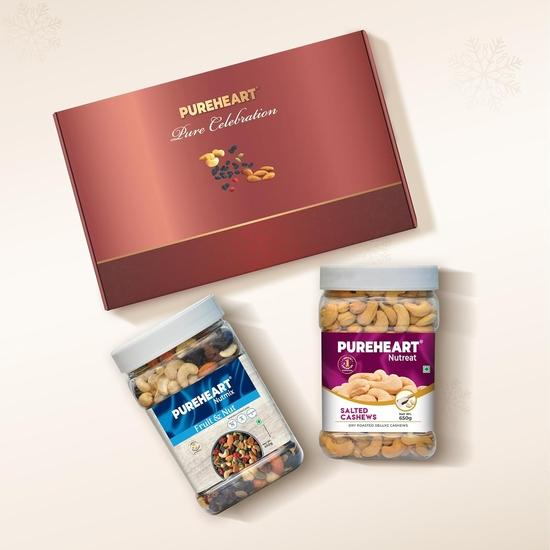 Cesta de Presentes para Celebração de Natal e Ano Novo PUREHEART | Caixa de Presente Premium com Mix de Frutas e Nozes, Castanhas Salgadas (650g cada)