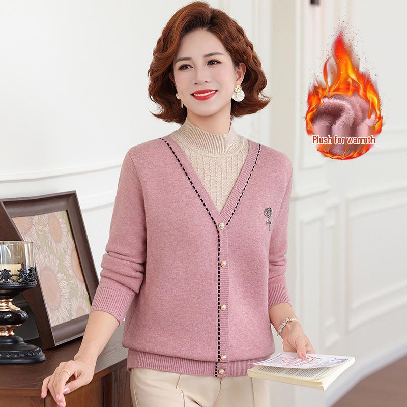 Mom's 2025 Winter Two-Piece Style Plus Velvet Sweater for Middle-Aged & Elderly Women - Thickened Autumn/Winter Velvet Base Layer Shirt
