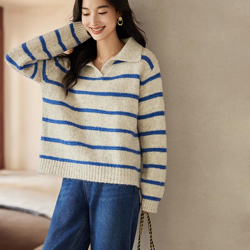 

VICTORIA&VERA Women s Relaxed Fit Striped Turn-down Collar Knit Sweater S