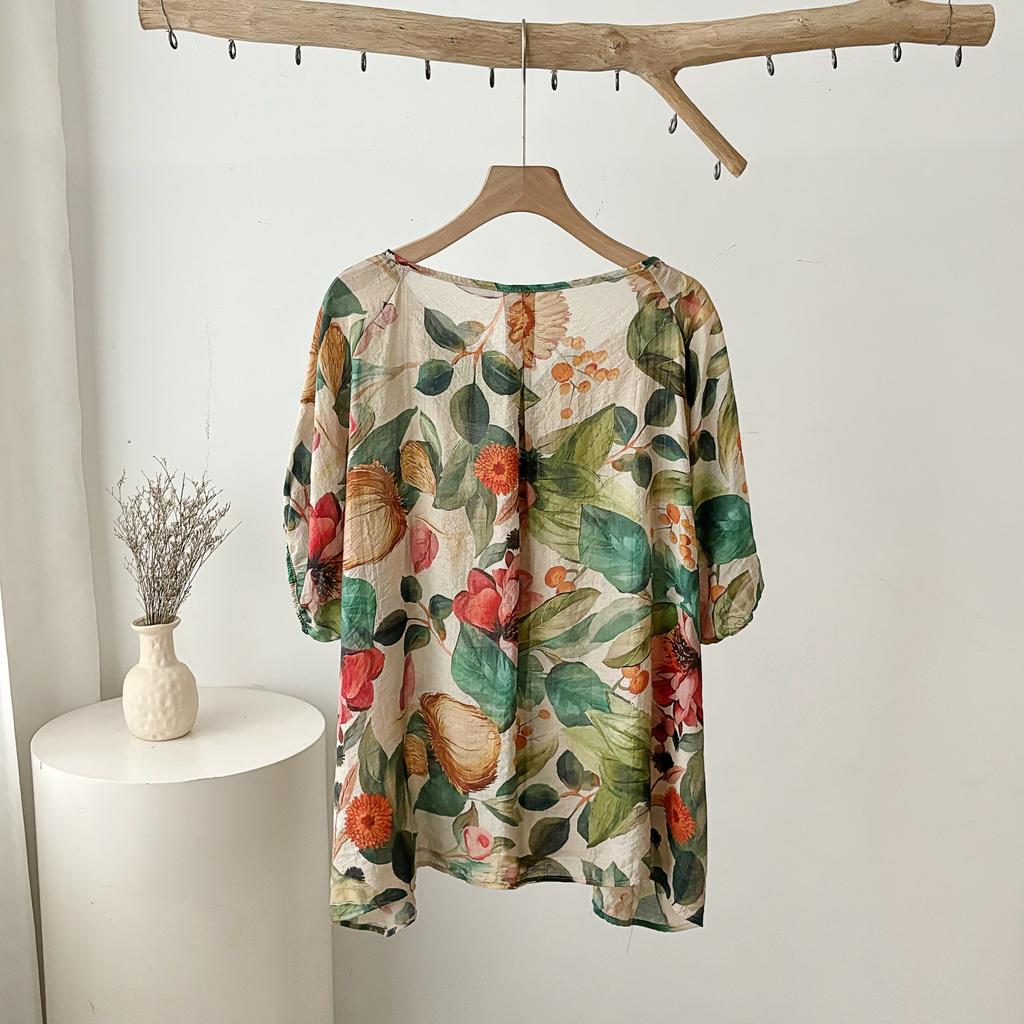 Dimanaf 2025 New Summer Women Linen T-Shirt Short Sleeve Buttons Flower Basic Fashion O-Neck Tops Tees Loose Tees